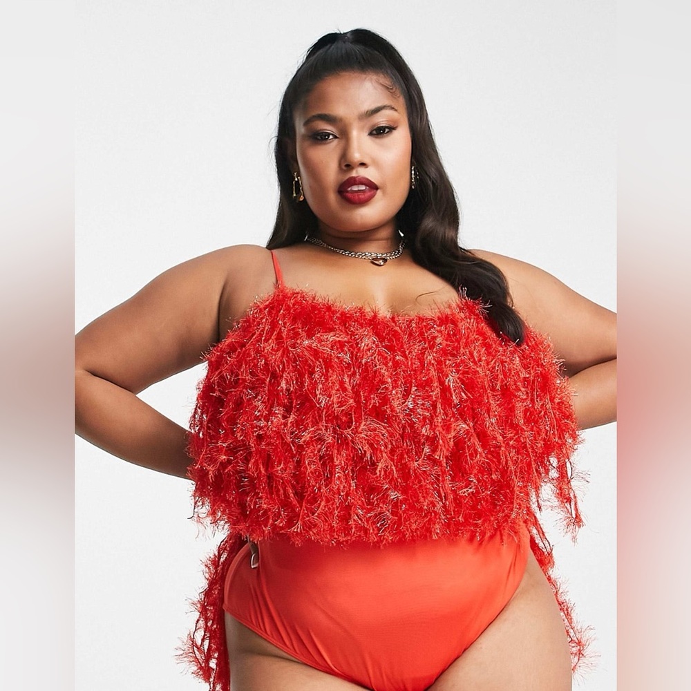 Curve Deep Red Low Back Feathered Bodysuit
ASOS Luxe